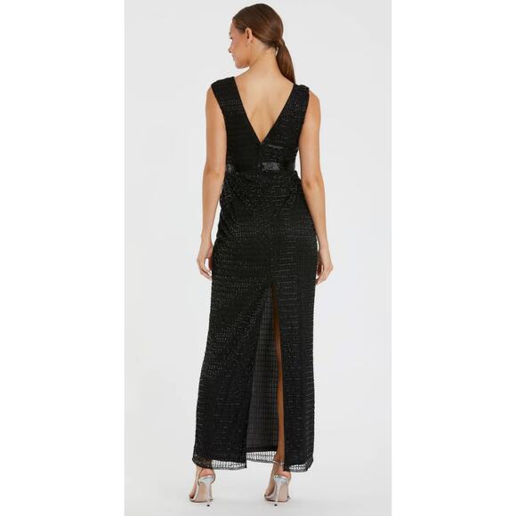 NWT Mac Duggal Beaded Cap Sleeve V Neck Column Gown, Black, 12, 598$ - Picture 2 of 7